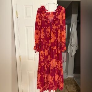Free People Red Maxi Dress with Orange Floral Print
